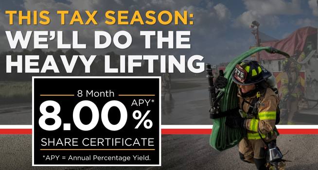 A Firefighter in full kit carrying a fire hose, with the text This Tax Season We'll do the heavy lifting